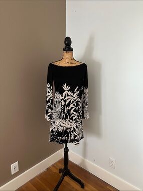 TIBI SZ SML Y2K Black & White Botanical/Cat Print Dress